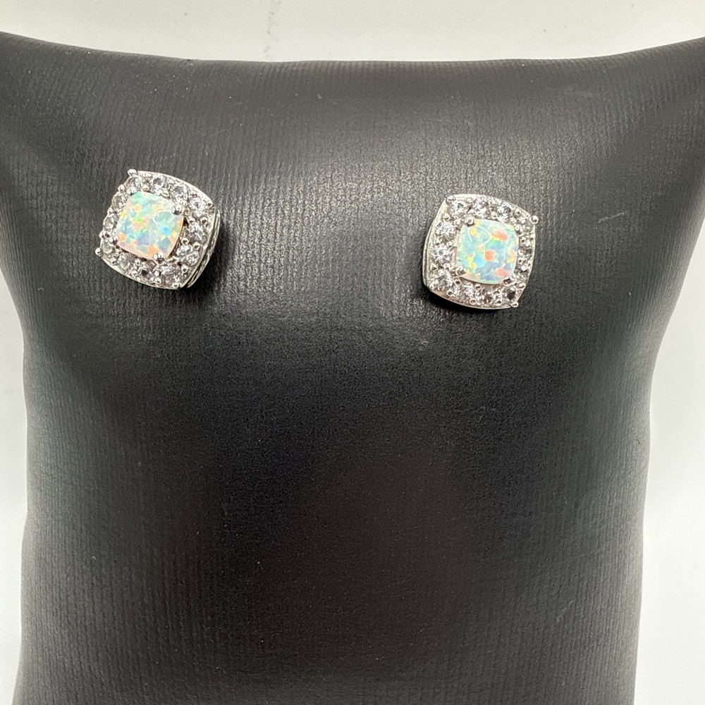 Vtg 925 Sterling Silver Opal & Cz Stud Earrings. 1.9 Grams. Hallmark
