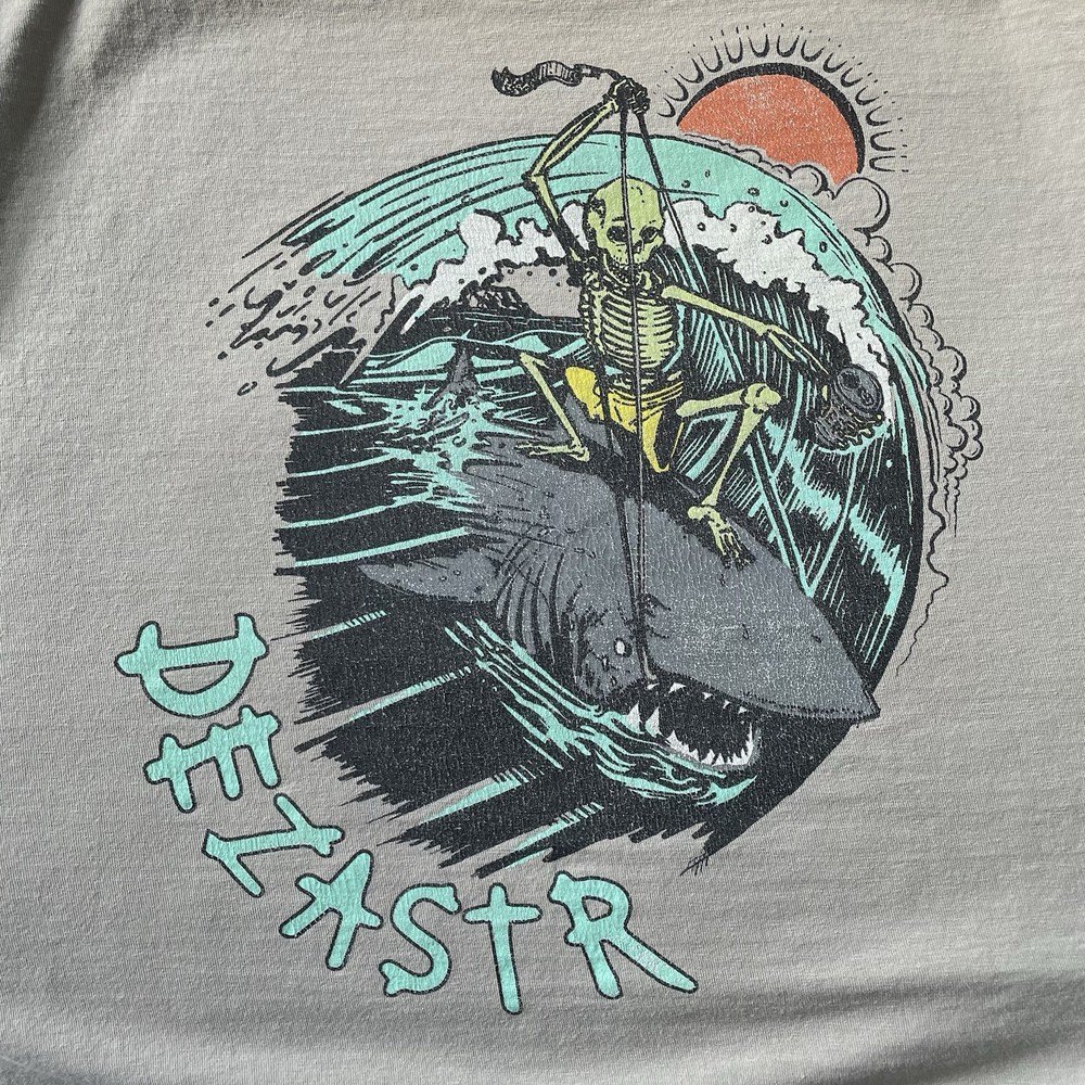 Dezastr Tshirt Men’s Size Large Skeleton Shark Surfer Tee Wave Sun Rad Beachy
