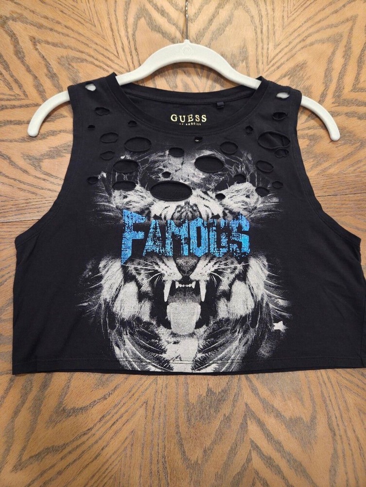 GUESS Women Ripped Cotton Graphic Famous Crop Top Size XS Tiger Streetwear