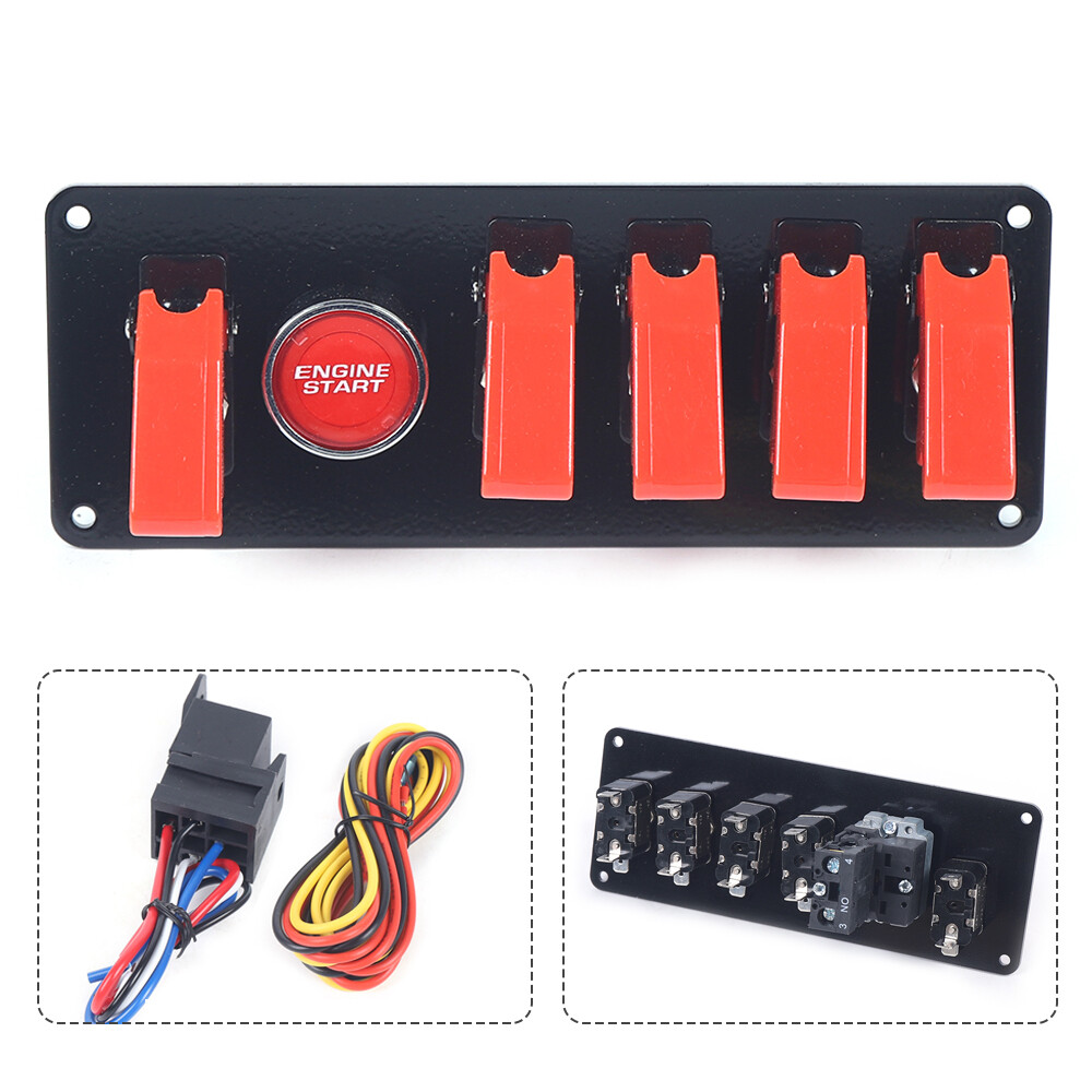 6 Gang Red Toggle Switch Panel with Engine Start Push Button for Racing Cars