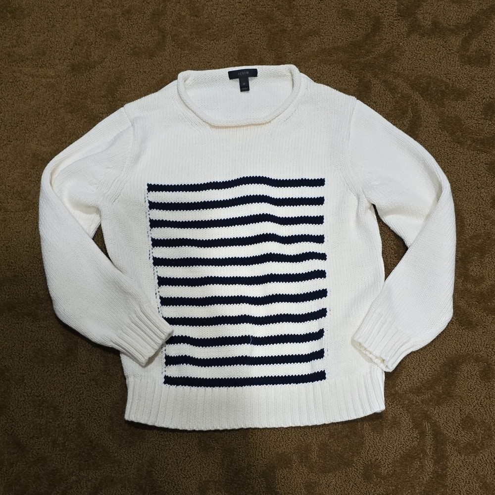 J.CREW Cotton White Blue Striped Knit Crew Neck Pullover Sweater Women M