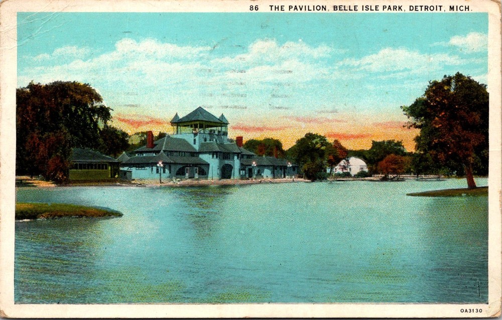 Dr Jim Stamps Postcard The Pavilion Belle Isle Park Detroit Michigan Creased