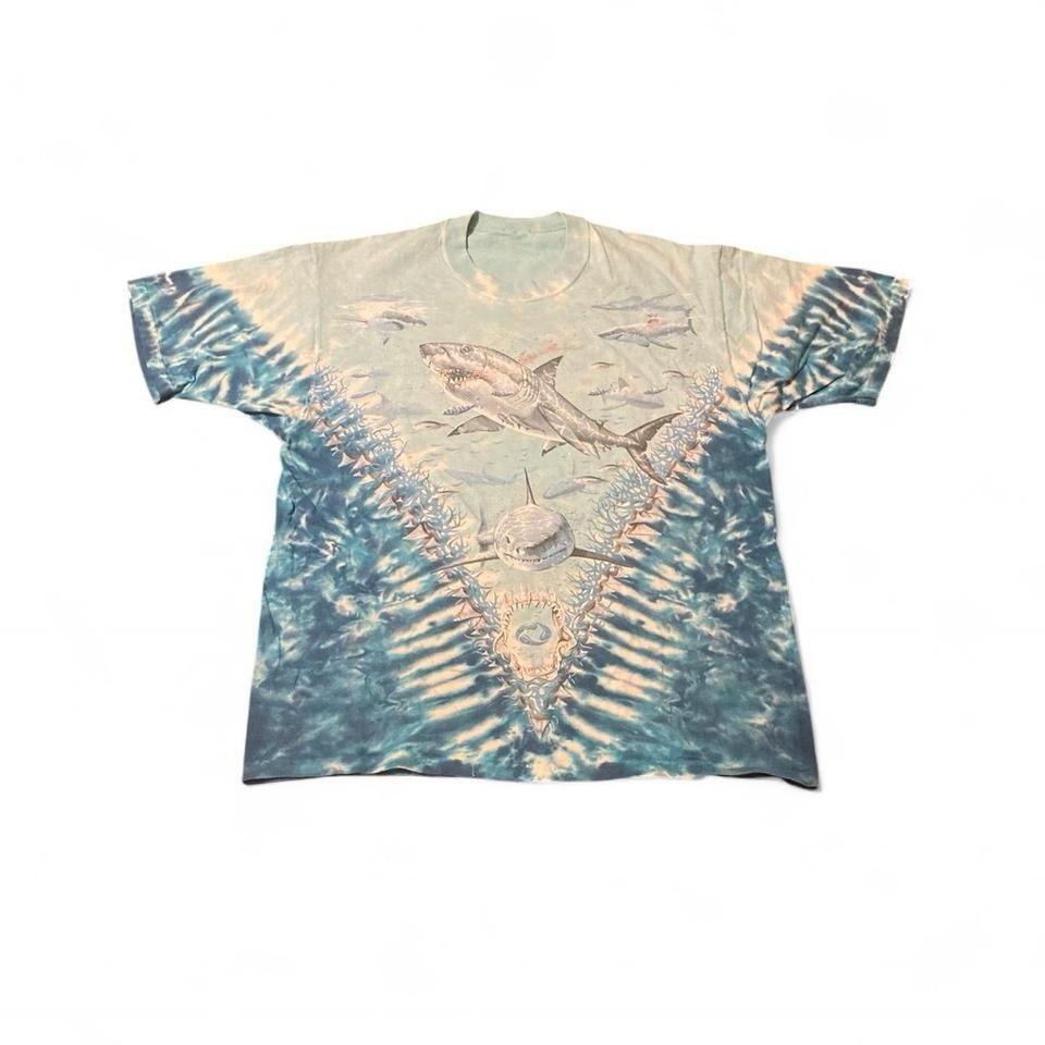 VTG 1997 Liquid Blue Men's  Tie Dye Single Stitch Aquarium Sharks AOP XL T-shirt