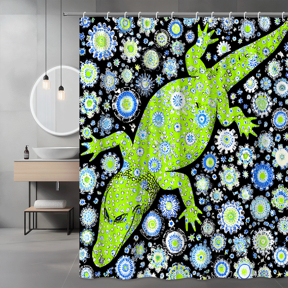 Lizard Floral Print Shower Curtain Black Green Blue