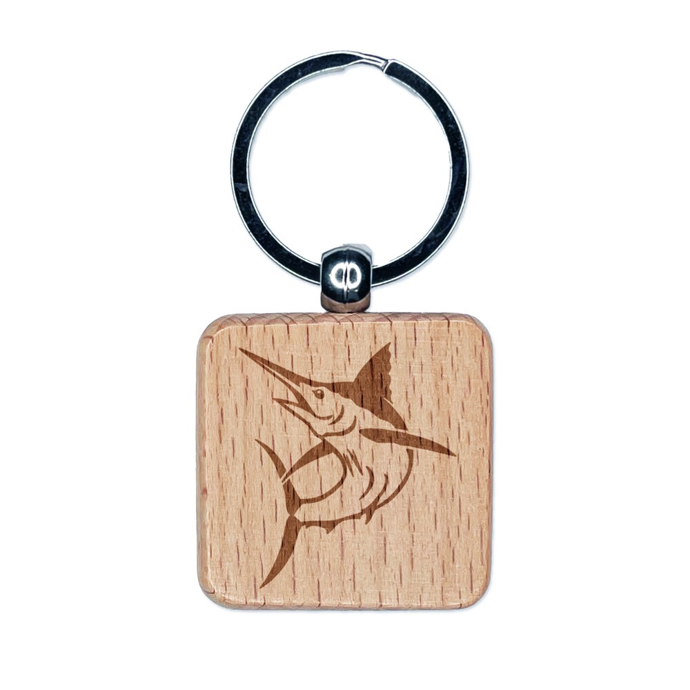 Jumping Marlin Fish Engraved Wood Square Keychain Tag Charm