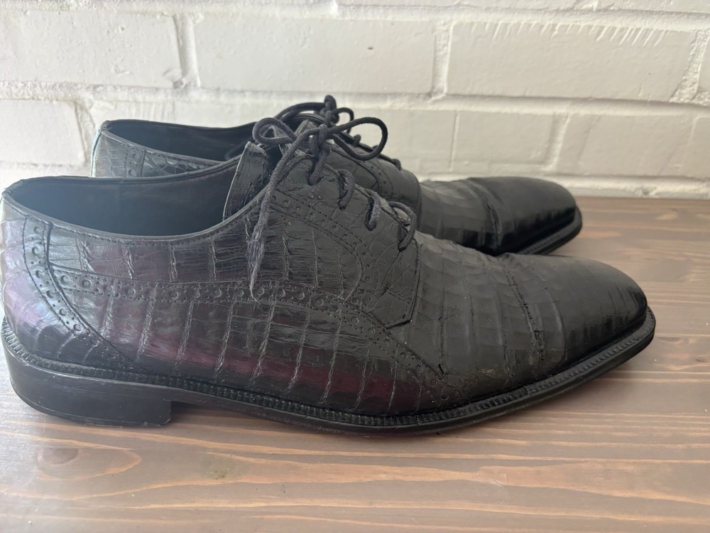 David Eden Crocodile Men's Size 11.5 Black Square Toe Lace Up Dress Shoes