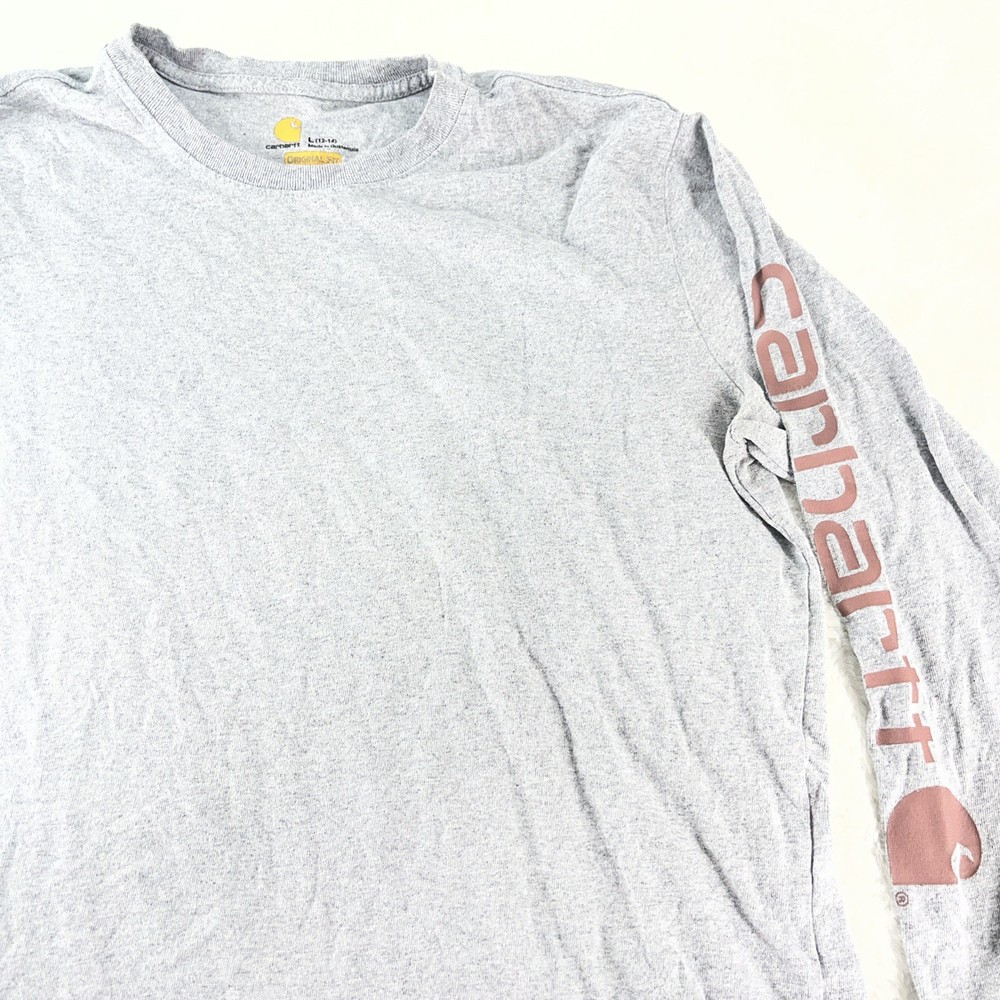 Carhartt Boys L 12/14 Original Fit Long Sleeve T-Shirt Logo Graphic Tee Gray