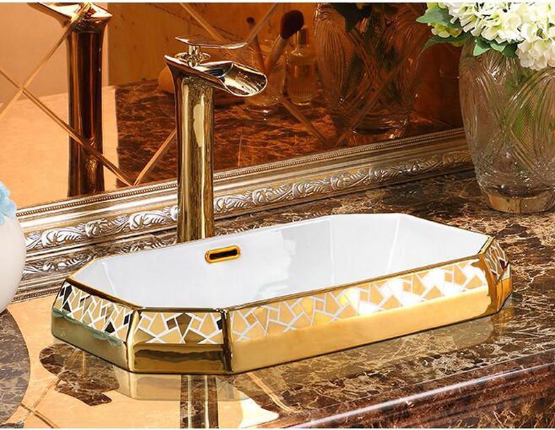 Mosaic Design Ceramic Semi Countertops with Overflow Wash Basin Sinks 60x39x19cm