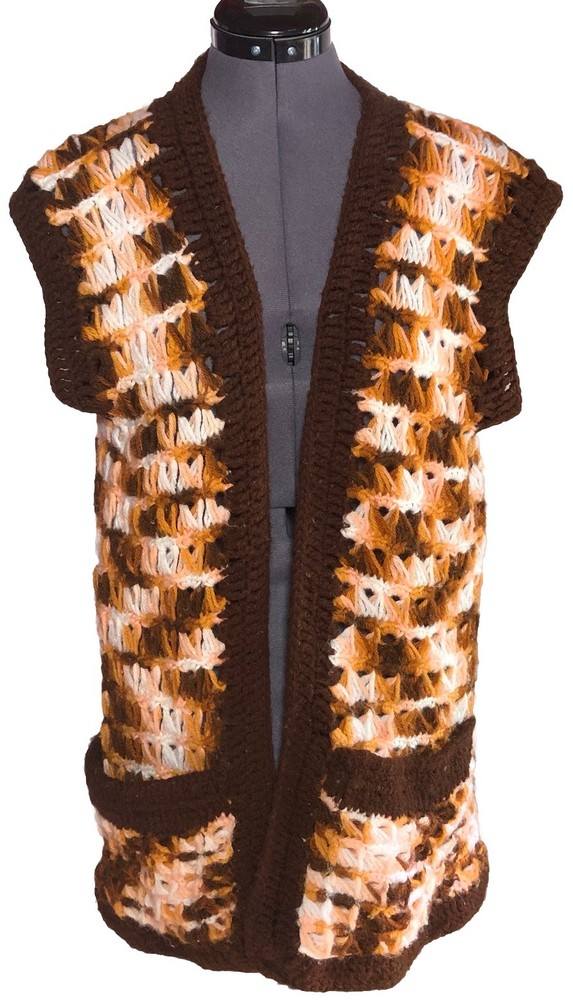 Vintage 70s Handmade Crochet Sweater Vest Brown Boho Hippie B-38 S/M