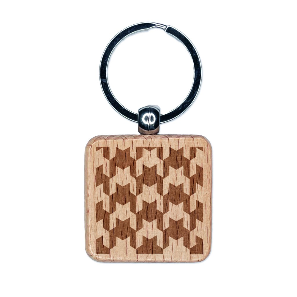 Houndstooth Pattern Background Engraved Wood Square Keychain Tag Charm