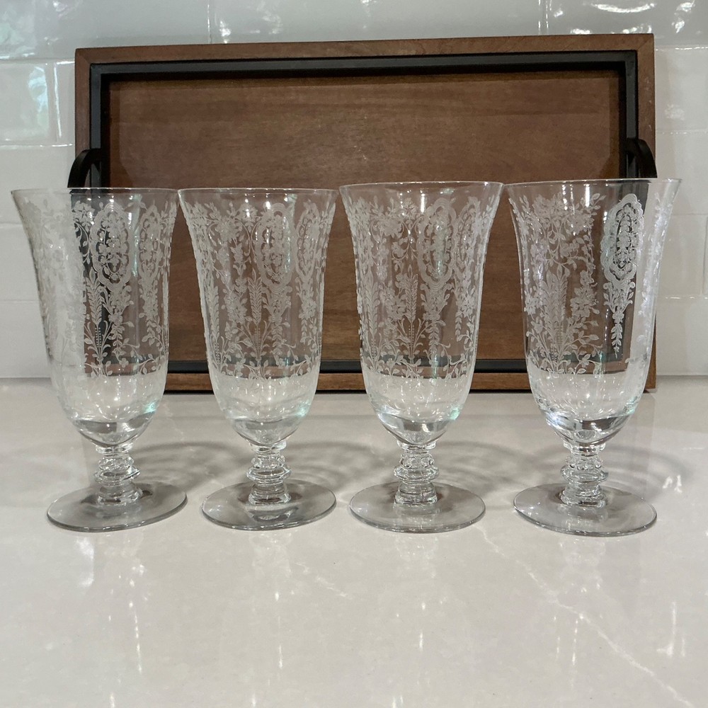 Tiffin June Night Clear Crystal Iced Tea Goblets Set of 4 Etched Glass 6-5/8”
