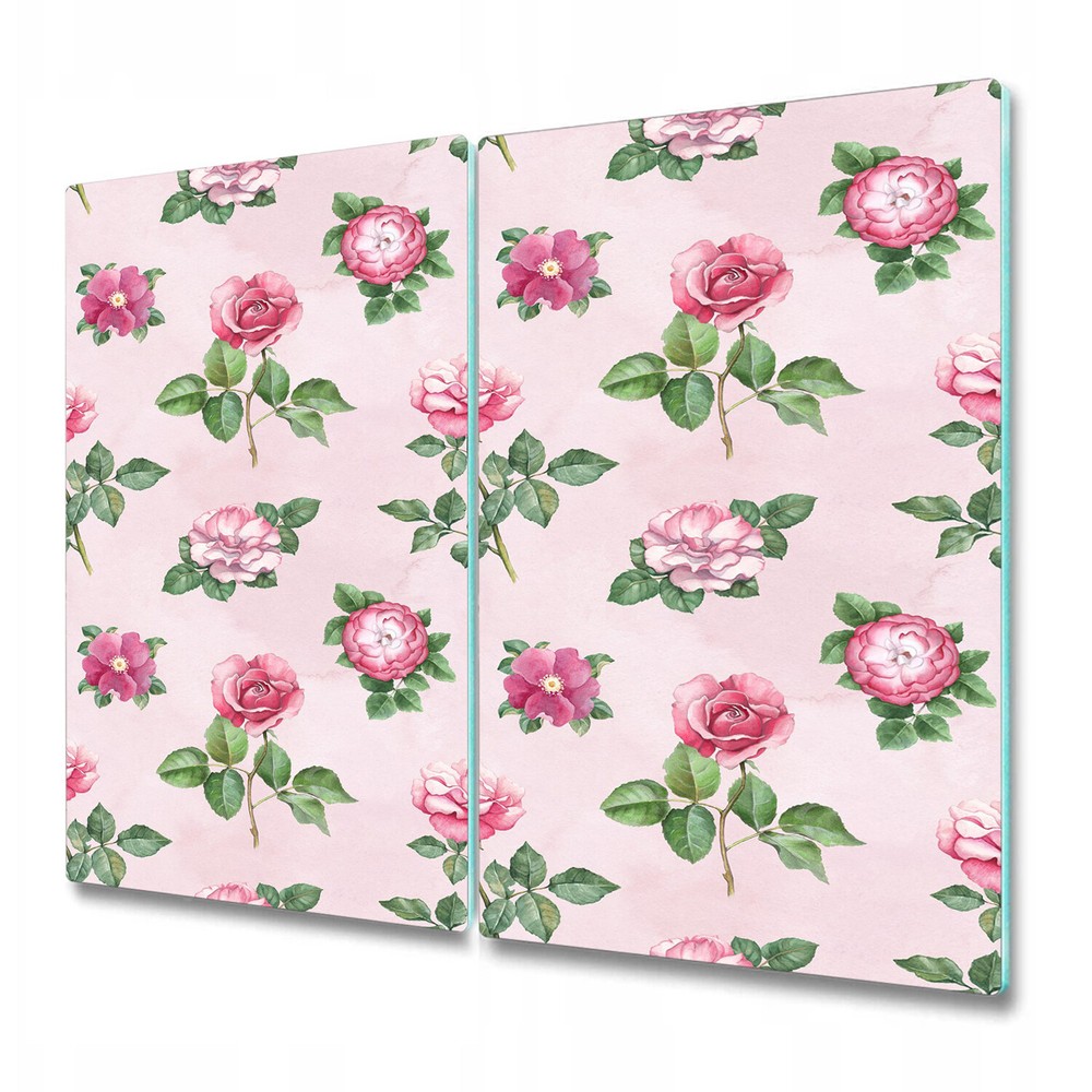 Tempered Glass Worktop Saver Watercolour rose flowers pink and green 2x30x52
