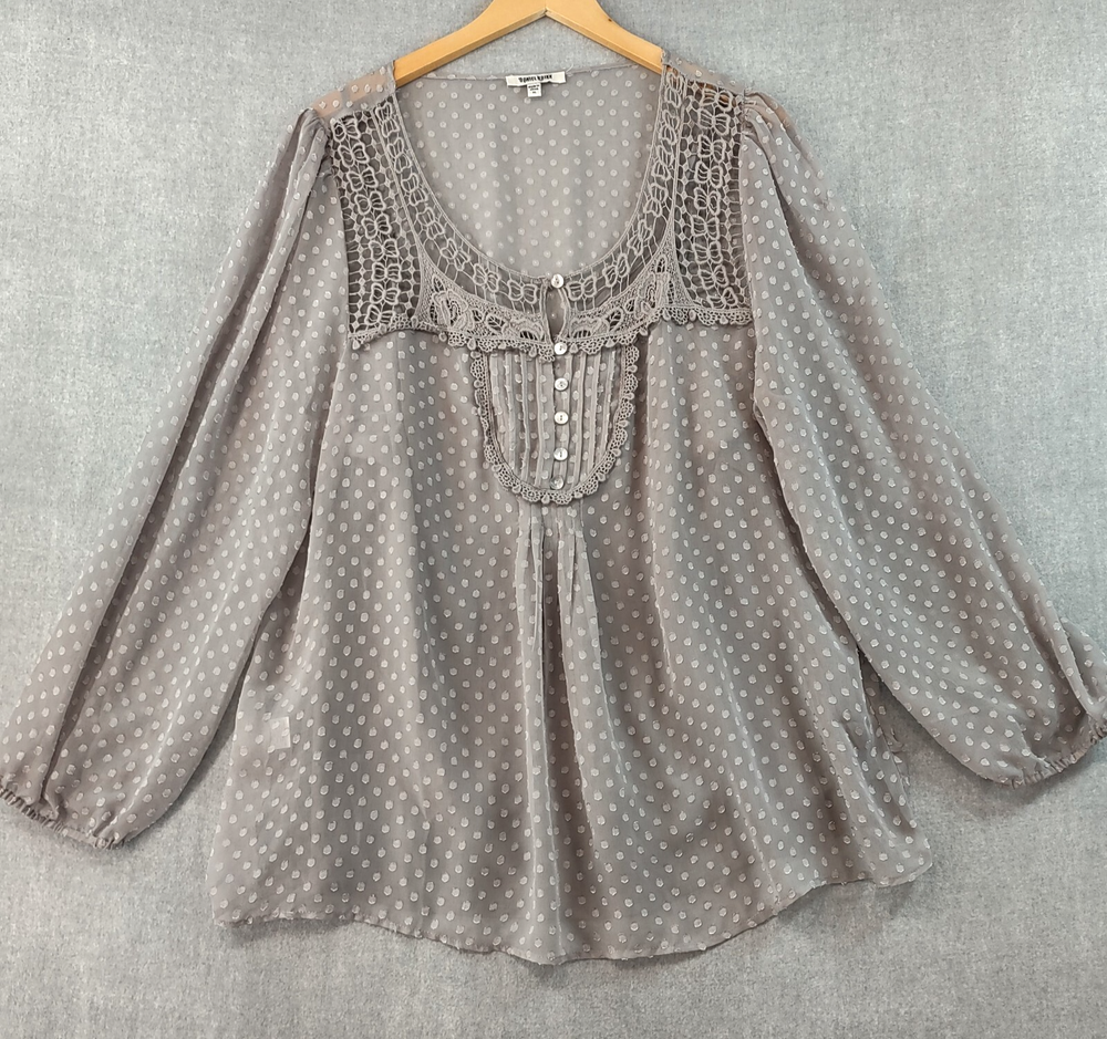 Daniel Rainn Top Womens XL Beige Bohemian Crochet Lace Pleated Dotted Chiffon