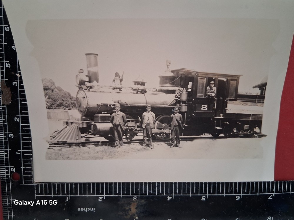 UNIDENTIFIED RAILROAD 0-4-0 LOCOMOTIVE #2 w PASSENGER TRAIN & CREW PHOTO 1910's