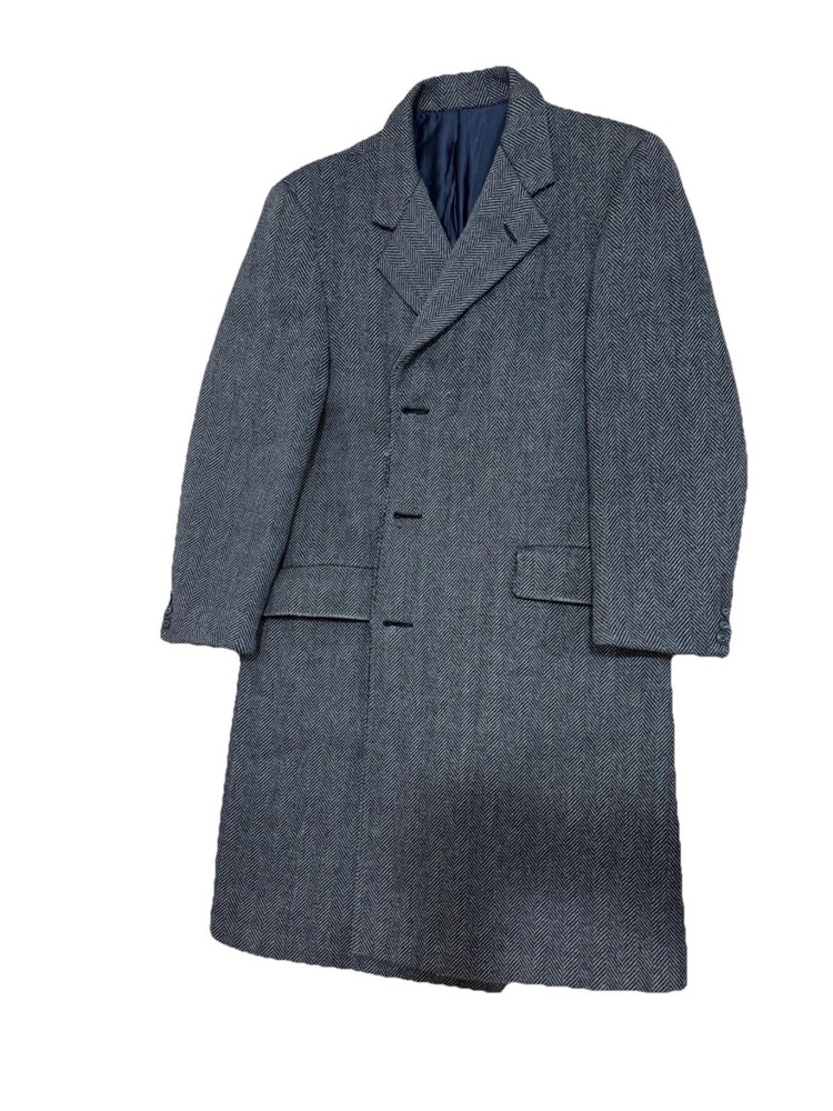 Vintage Hart Schaffner & Marx Men Virgin Wool Herringbone Grey Overcoat Made USA