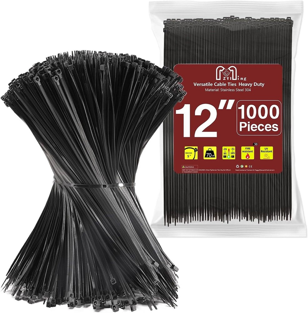 1000 Black 12-Inch Heavy Duty Zip Ties 70lb Tensile Strength