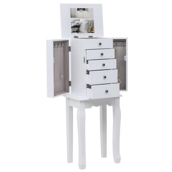 White Standing Armoire with Drawers, Jewelry Storage, 8 Hooks & 2 Swing Doors