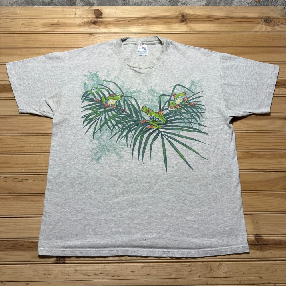 Vintage 90s Red Eyed Tree Frog Tropical Leaf Graphic Heather T-Shirt USA Made XL