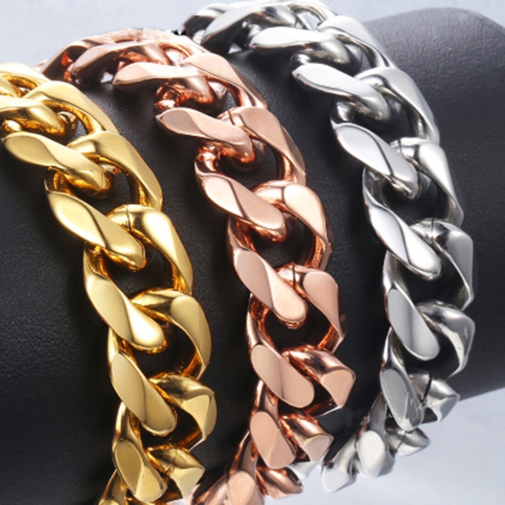 15mm Stainless Steel Silver Gold Black Men's Bracelet Cuban Curb Chain Jewelry