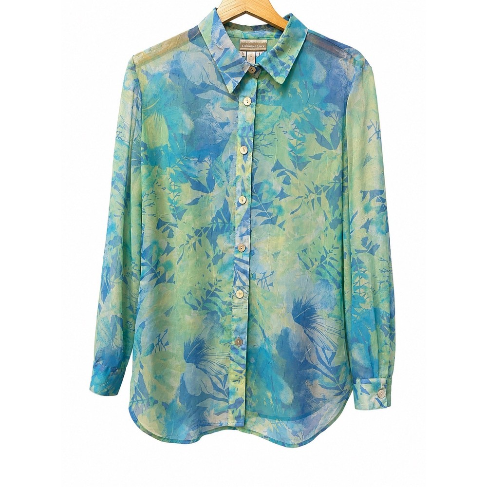 Coldwater Creek Watercolor Floral Sheer Button Up Blouse L