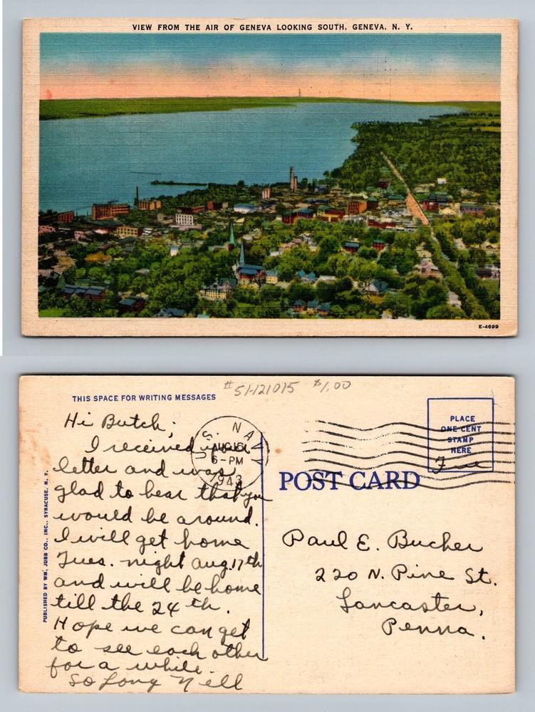 Geneva, NY-New York, Scenic Aerial View South Seneca Lake Vintage c1943 Postcard