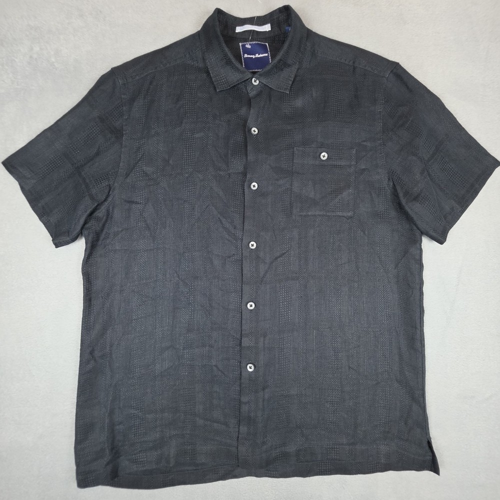 Tommy Bahama Men Large Black 100% Linen Camp Shirt Short Sleeve Button Up Casual