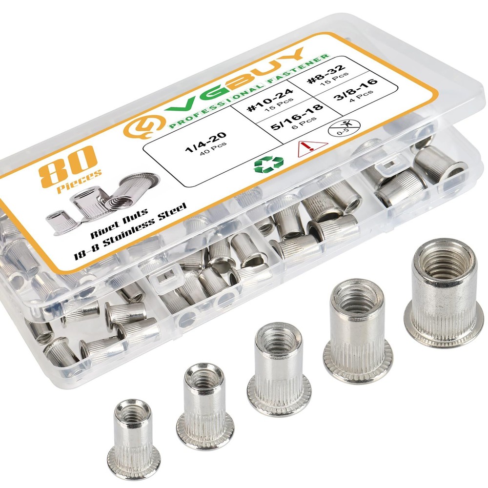 80Pcs Rivet Nut Kit, SAE Rivet Nuts Assortment #8-32, 10-24, 1/4