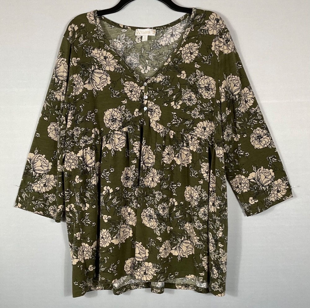Weekend Suzanne Betro Top Womens 1X Olive Green Floral Peplum Button 3/4 Sleeves