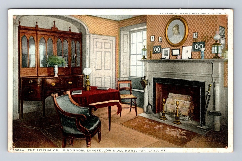 Portland ME-Maine, Longfellow's Old Home Sitting Room, Vintage Souvenir Postcard