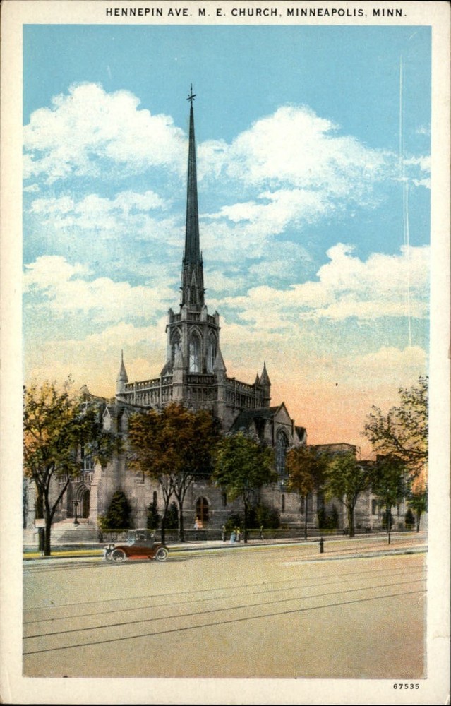 Hennepin Ave ME Church Minneapolis Minnesota steeple cross ~ 1920s postcard