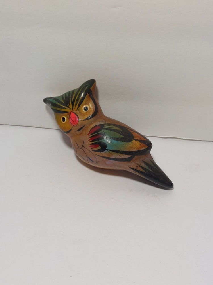 Vintage Mexican Tonala Pottery Owl Folk Art Hand-Painted Sculpture Ceramic