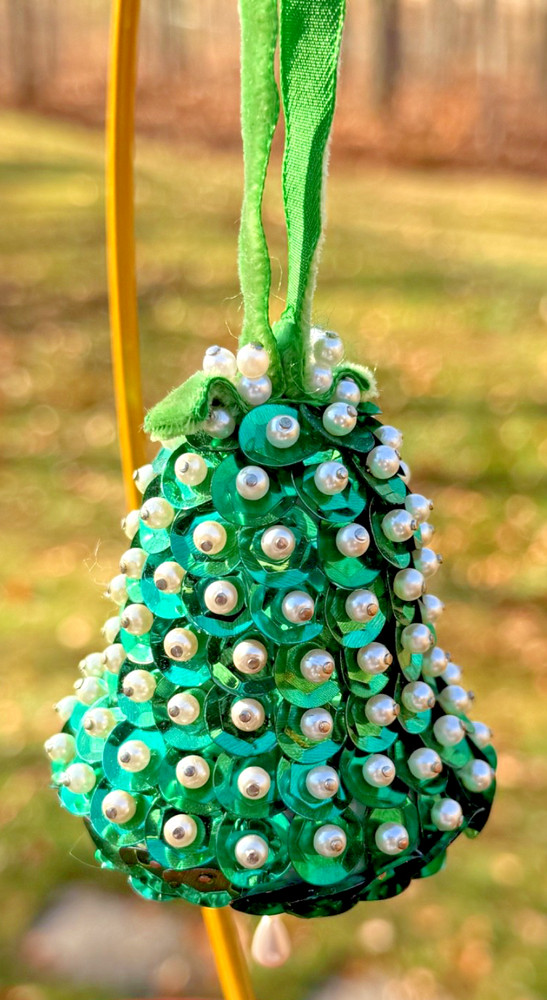 VTG Green Bell Sequins Push Pin Hand Made Christmas Embellished Ornament