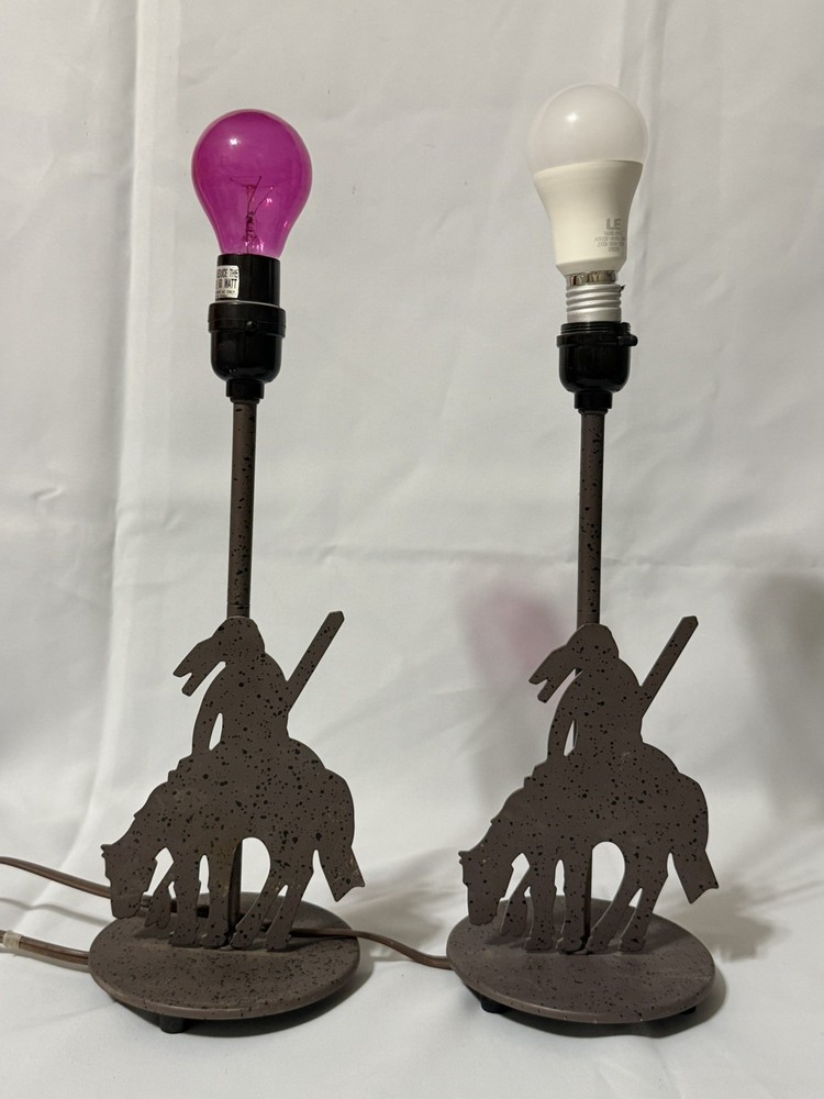 2 - Vintage Metal Western Style Lamps Native Warrior on Horse - Working