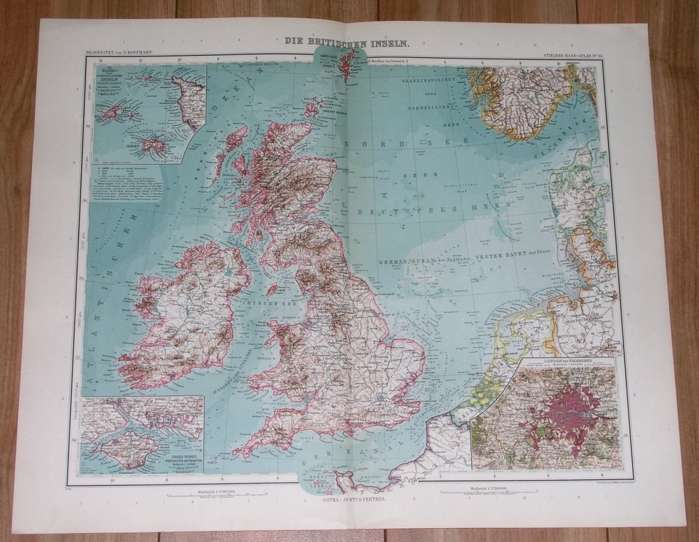 1908 Antique Map Of Great Britain United Kingdom London England Scotland Ireland