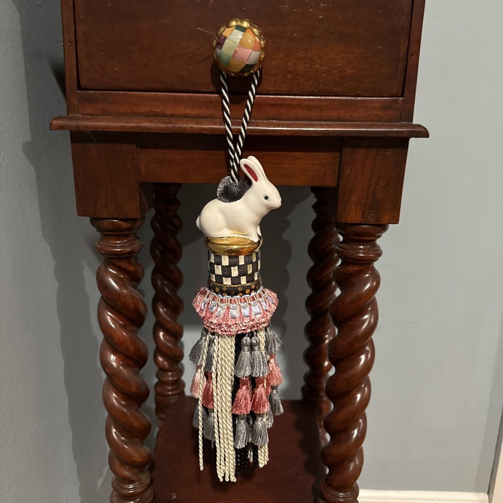 Retired Mackenzie Childs Courtly Check Ceramic  Bunny Tassel New Open Stock