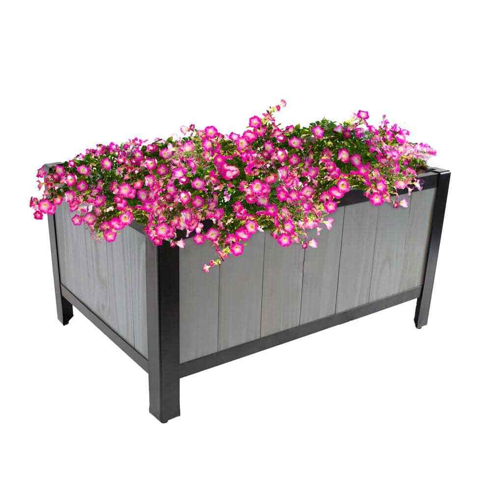 Acacia Wood Steel-Framed Planter Box with Removable Planter Bag - Gray-image