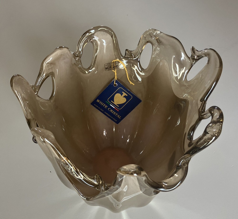 Murano Art Glass Bowl Large White Cristal Champagne Flow Vase 10