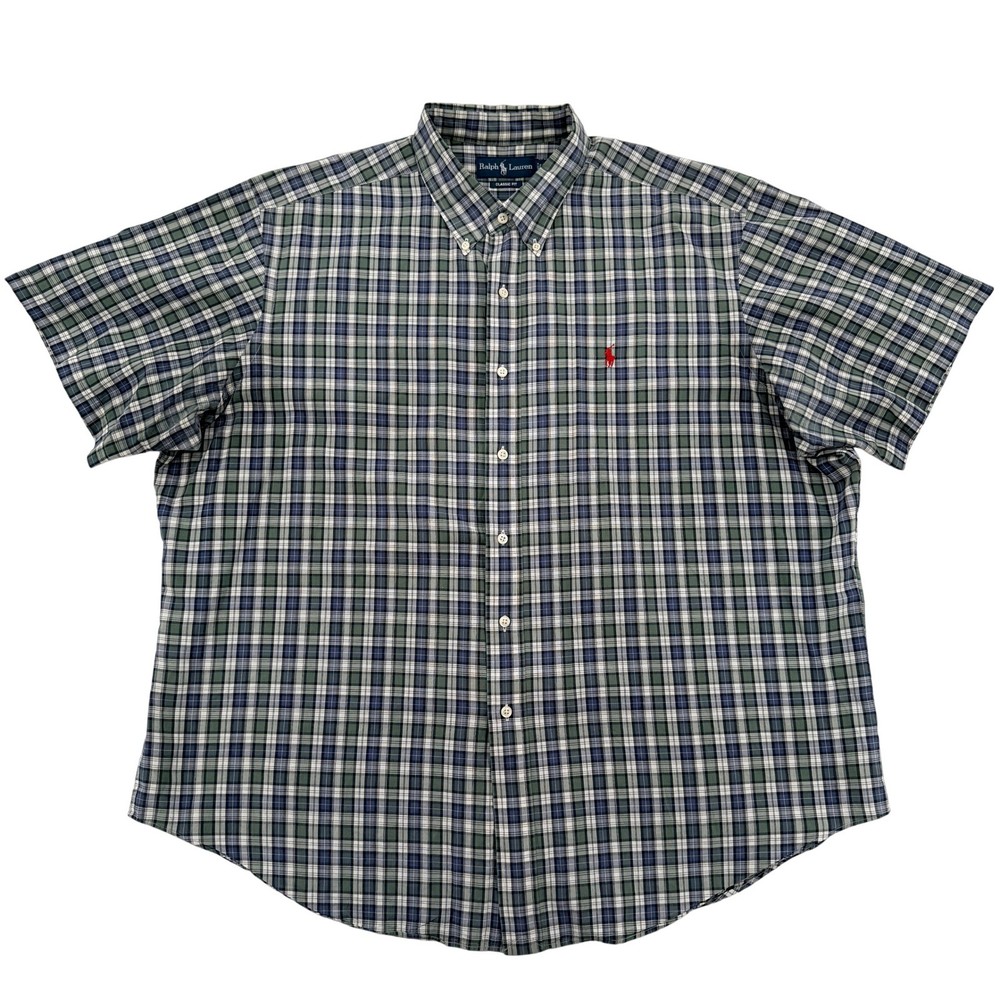 Ralph Lauren Men XXL Classic Fit Plaid Short Sleeve Button Down Shirt Green Blue