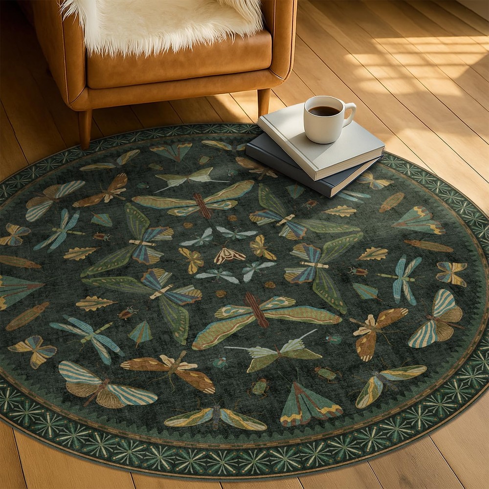 Black Insect 5ft Round Washable Living Room Rugs - Boho Non Slip Area Rug for...