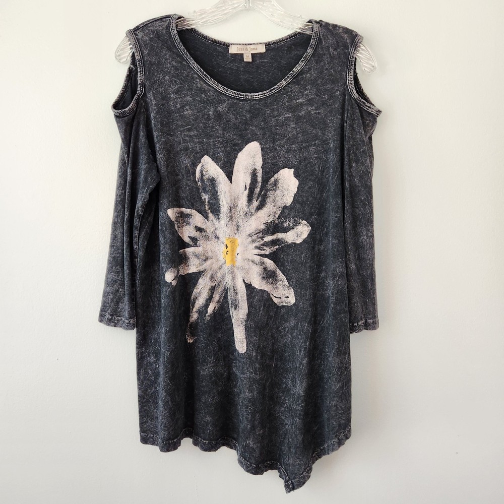 Jess & Jane Top Women M Black Floral Tunic Mineral Wash Whimsigoth Beach Coverup