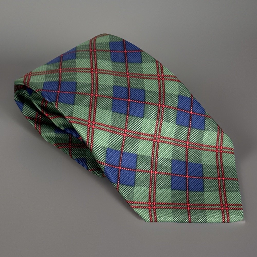 Vintage Lauren Ralph Lauren 100% Silk Tie Green Blue Red Argyle Plaid Made USA