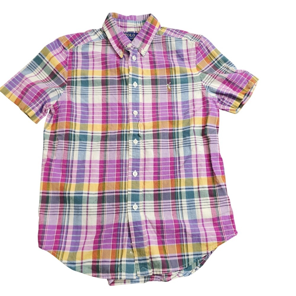 Polo Ralph Lauren Shirt Boys Medium 10-12 Plaid Button Down Short Sleeve Pony