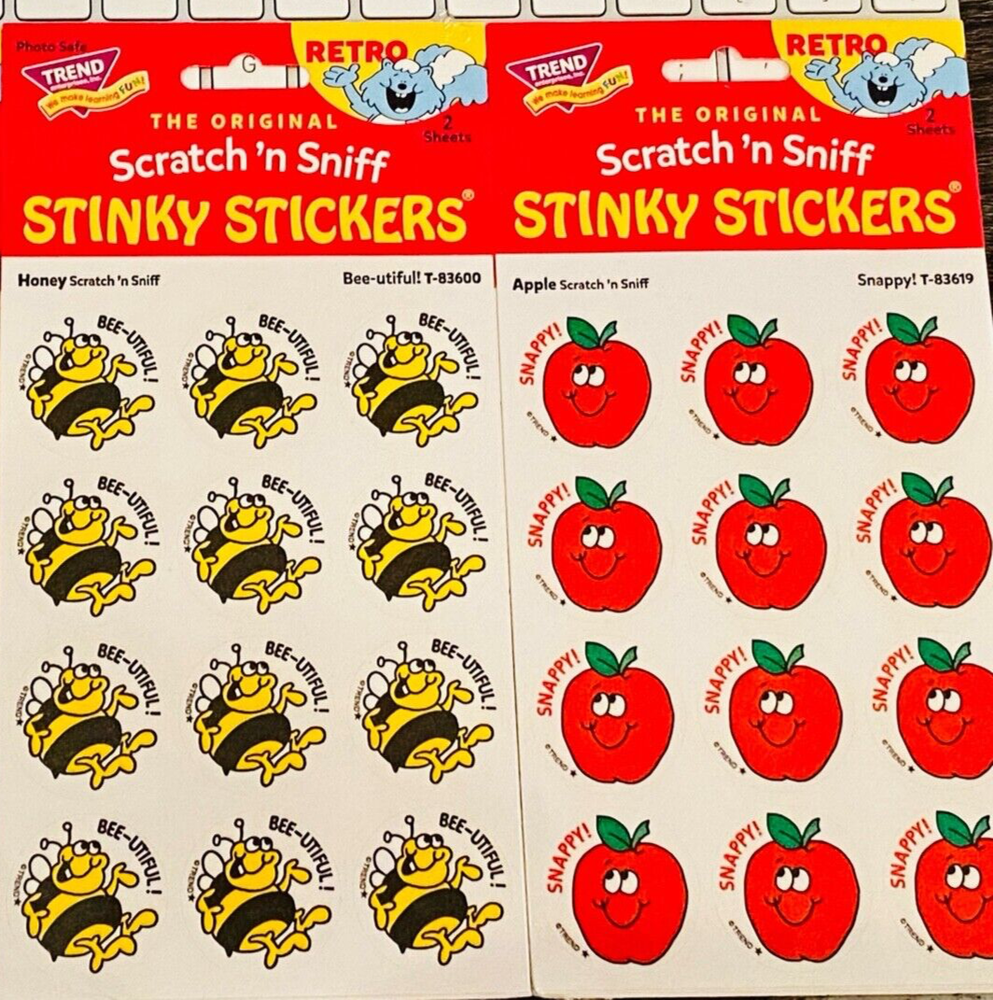 48! TREND Scratch n Sniff RETRO STINKY STICKERS, Yellow HONEY BEE & Snappy APPLE
