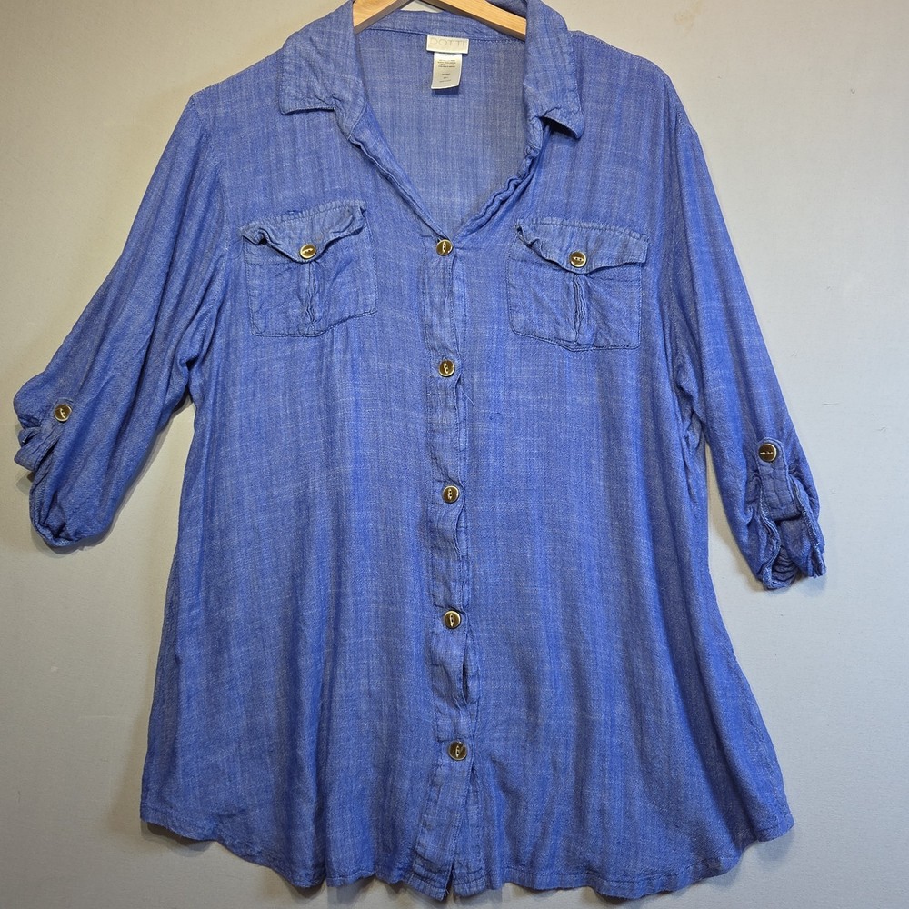 Dotti Womens Large Blue Chambray Look Button Front Tunic Blouse Roll Tab Sleeve