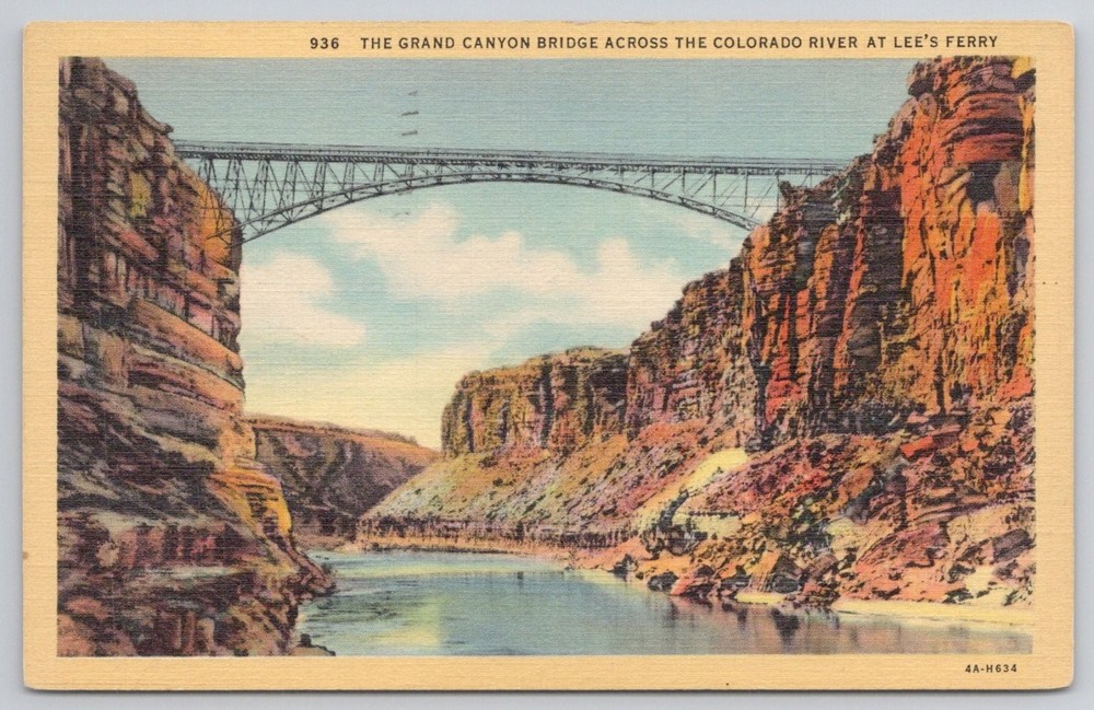 Lee's Ferry Grand Canyon Bridge Colorado River Arizona Utah Linen Postcard 1947