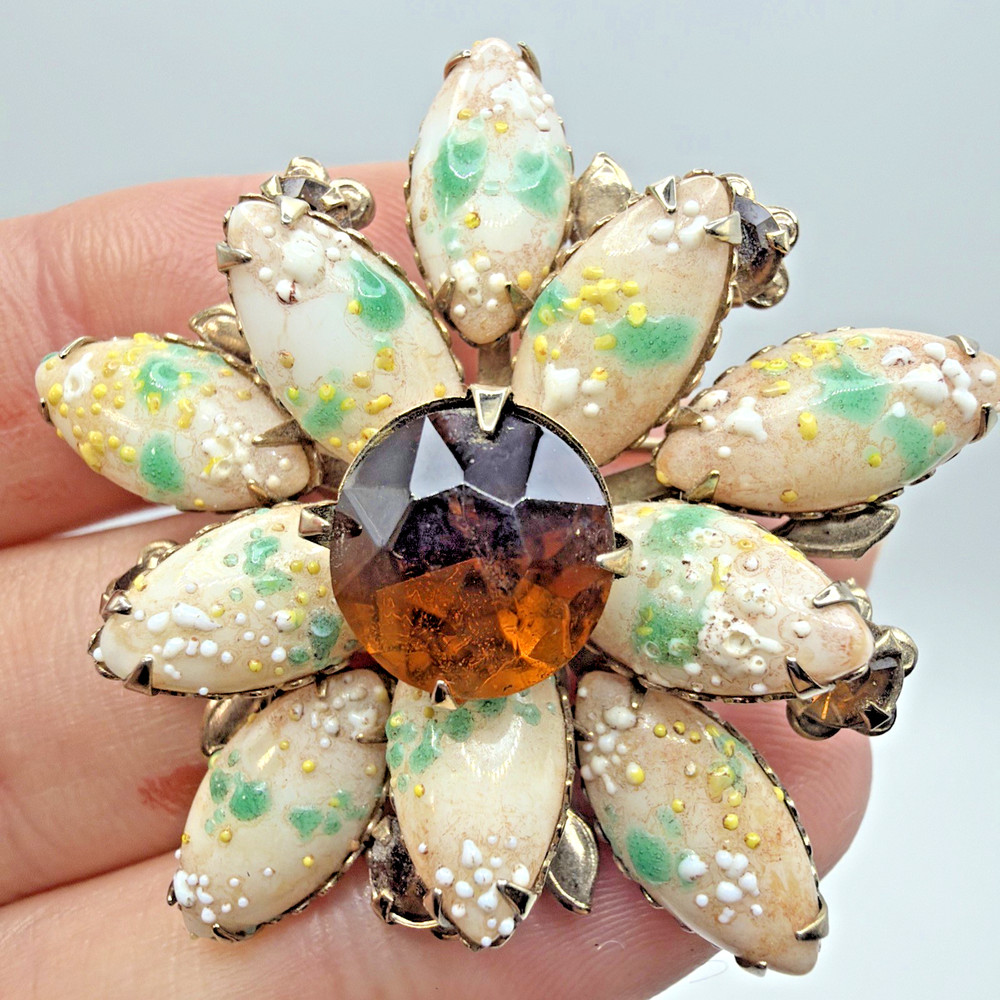 Vintage Milk Glass Flower Brooch Silver Toned Givre Rootbeer Rhinestone