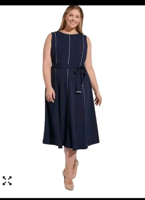 NWT DKNY Plus Size Gored Navy Blue Tie Waist Midi Dress with Belt 14