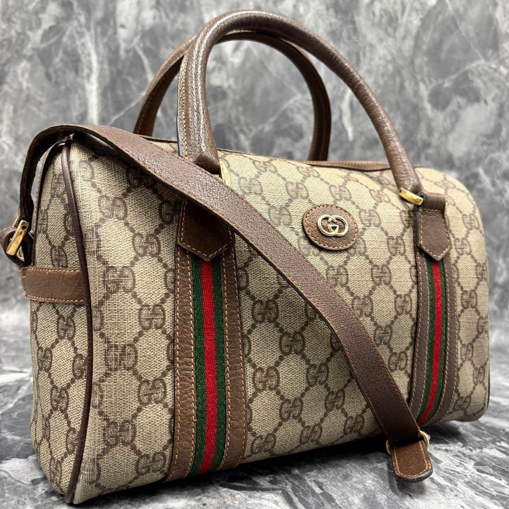 GUCCI Sherry Line GG Boston Bag in Brown Beige Leather PVC with Gold Hardware