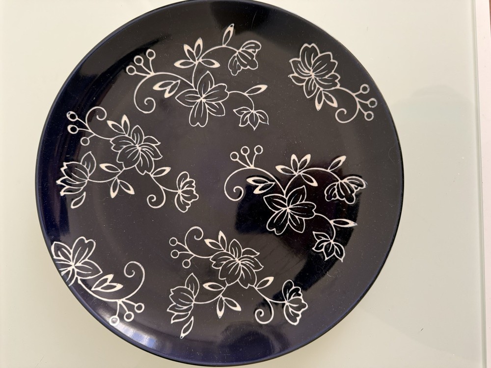 ✿ Temp-tations Floral Lace Blue Dinner Plate Black White Ceramic 10.5”