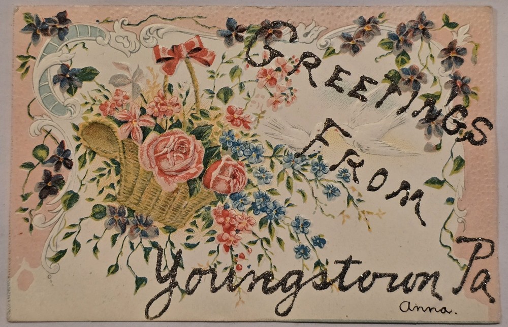 1907 Greetings Youngstown PA Flowers And Doves Vintage Postcard